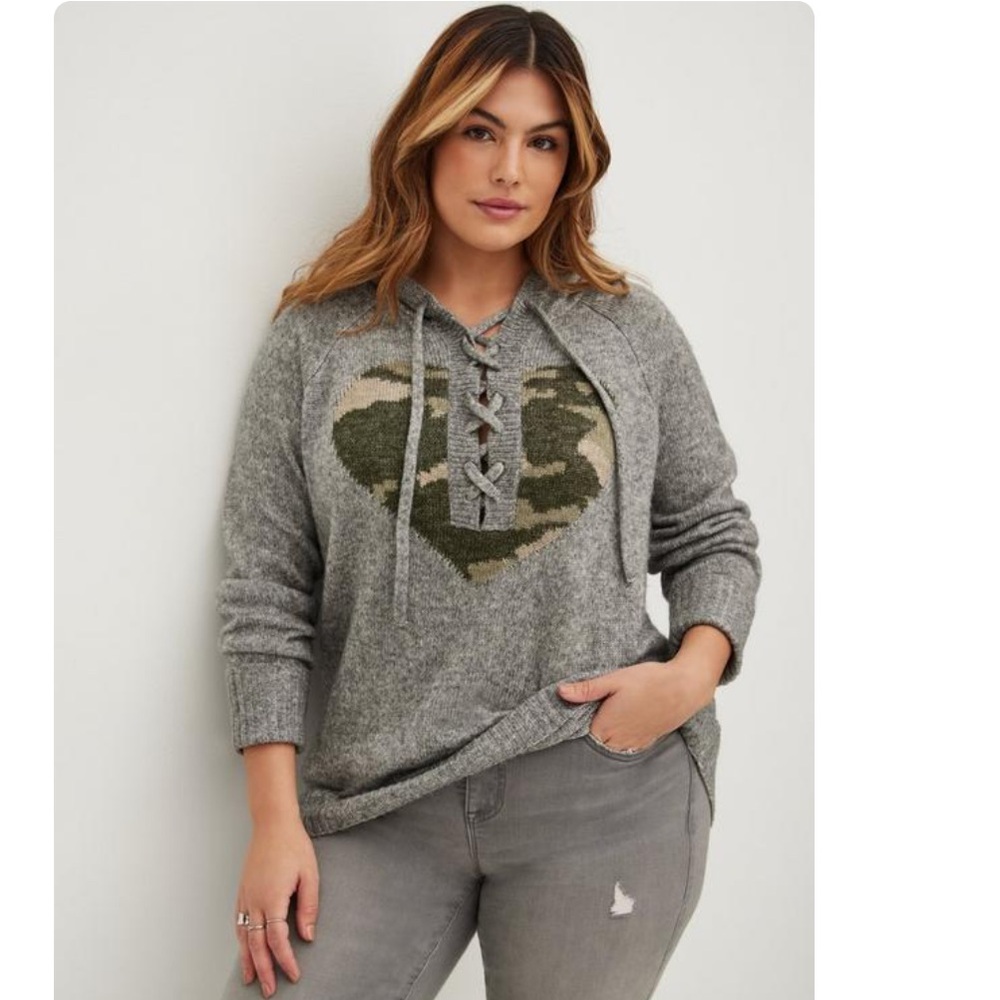 Torrid Camo Heart Pullover Lace Up Front Hooded Raglan Sweater - Casual Wear